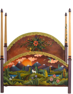Queen Bed with Posts –  "Explore Nature/Smell the Flowers" queen bed with posts with warm sunset over the beautiful mountain range motif