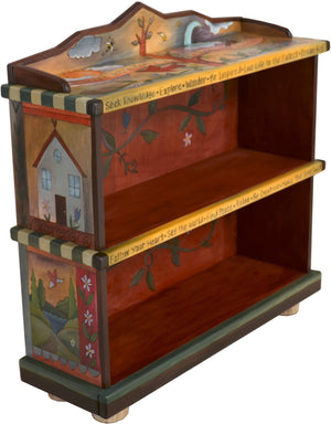 Short Bookcase –  "There are so Many Reasons to Read" bookcase with sun and moon behind the tree of life motif
