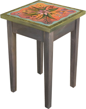 Small Square End Table –  Elegant square end table with lovely floral motif and inspirational phrases around the border