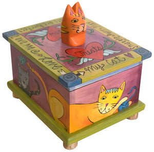 Pet Treat Box – Vibrant "love me love my cat" treat box with adorable hand-carved cat handle