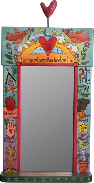 Large Mirror –  "Have Fun/Love Life" mirror with love birds and heart with wings motif
