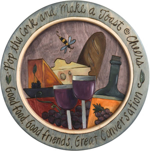 16" Round Tray –  Pop the Cork and Make a Toast round tray with wine and cheese motif