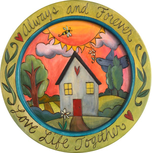 16" Round Tray –  Love Life Together round tray with sun and home motif