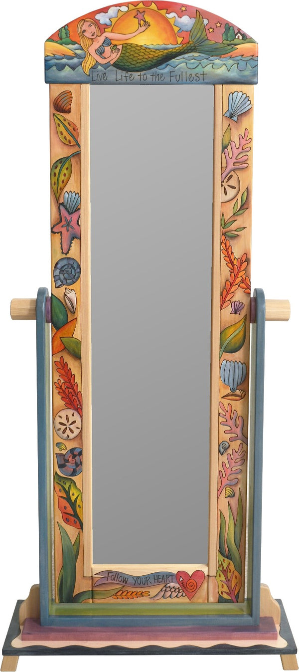 Wardrobe Mirror on Stand –  "Live Life to the Fullest" mirror on stand with mermaid and seashells motif