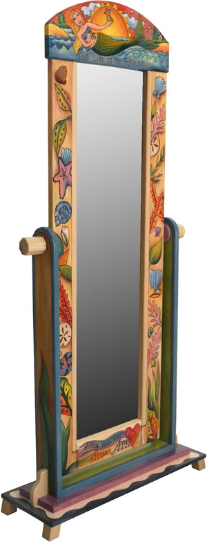 Wardrobe Mirror on Stand –  "Live Life to the Fullest" mirror on stand with mermaid and seashells motif