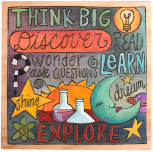 Sticks handmade wall plaque with "Think Big, Discover and Explore" quotes and scholastic imagery