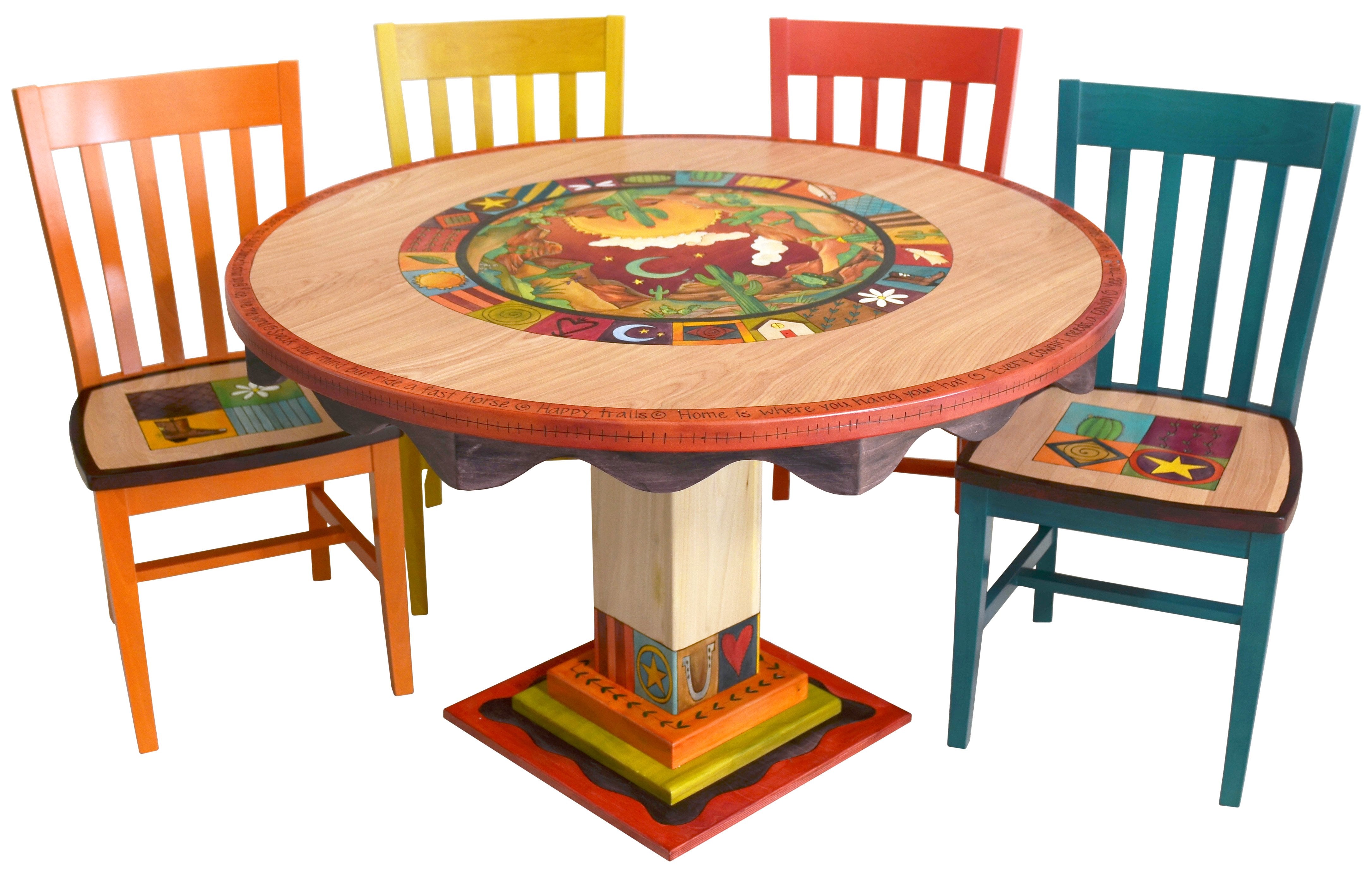 Sticks handmade dining table with colorful folk art imagery with matching chairs