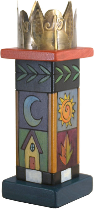 Small Pillar Candle Holder –  Elegant candle holder with colorful block icons and unique stamped metal element