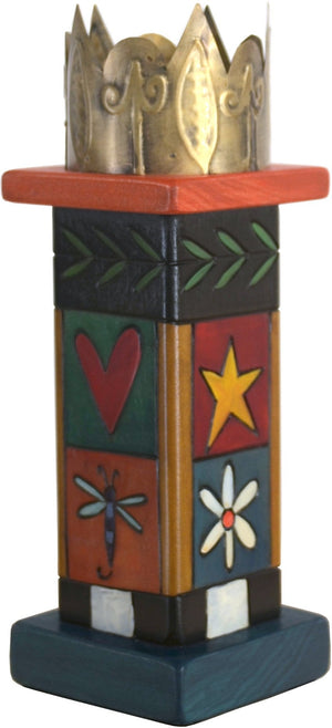 Small Pillar Candle Holder –  Elegant candle holder with colorful block icons and unique stamped metal element