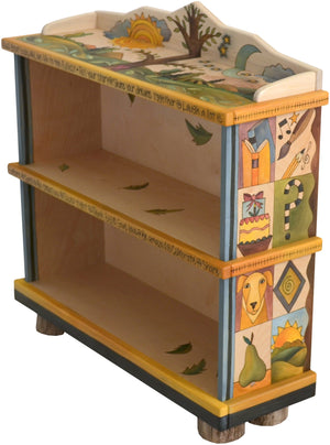 Short Bookcase –  Elegant and neutral bookcase with tree of life motif and colorful block icons