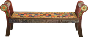 Rolled Arm Bench –  "Tell your Story" rolled arm bench with colorful checkered square motif