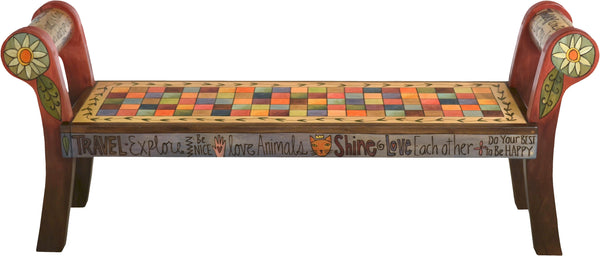 Rolled Arm Bench –  "Tell your Story" rolled arm bench with colorful checkered square motif