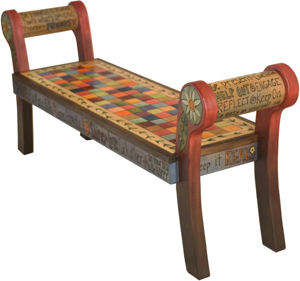 Rolled Arm Bench –  "Tell your Story" rolled arm bench with colorful checkered square motif