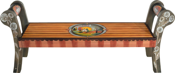 Rolled Arm Bench –  Rolled arm bench with sun and moon over a home on the rolling hill motif