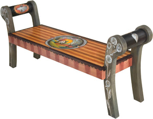 Rolled Arm Bench –  Rolled arm bench with sun and moon over a home on the rolling hill motif