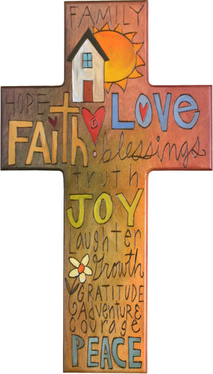 Cross Plaque –  Faith/Love/Joy cross plaque with home and sun motif