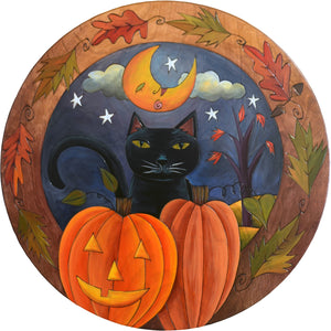 Sticks Handmade 20"D lazy susan with Halloween scene, black cat and carved pumpkins