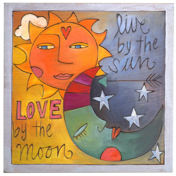 Sticks handmade wall plaque with "Live by the Sun, Love by the Moon" quote and imagery