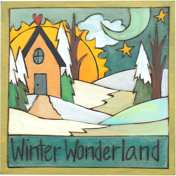 Sticks handmade wall plaque with "Winter Wonderland" quote and snowy winter landscape