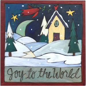 Sticks handmade wall plaque with "Joy to the World" quote and snowy, winter landscape