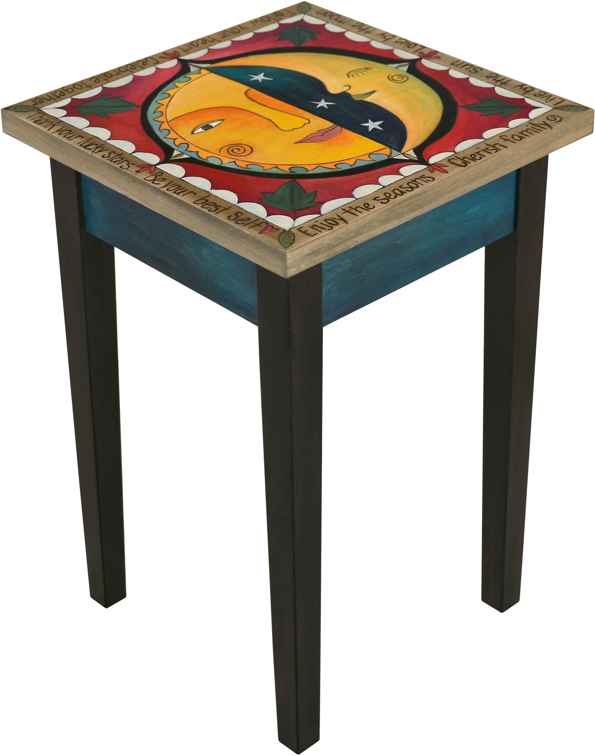 Small Square End Table –  Lovely square end table with sun and moon motif