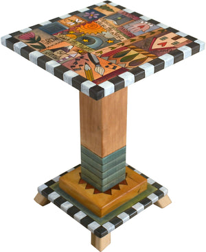 Martini End Table –  Eclectic folk art table with colorful block icons and patterns