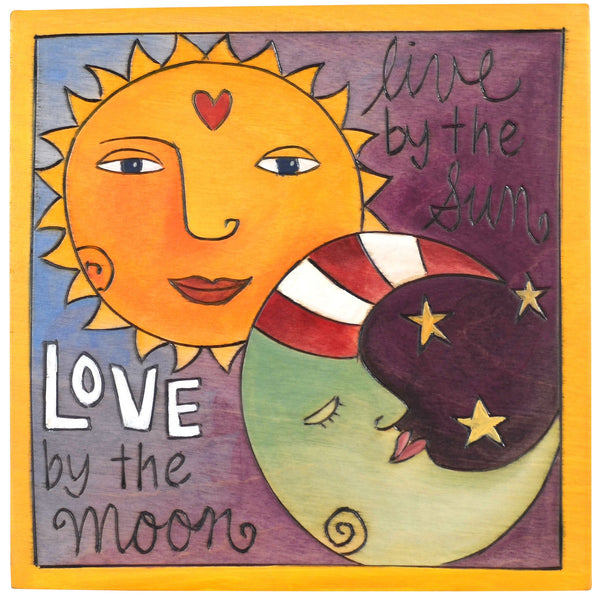 Sticks handmade wall plaque with "Live by the Sun, Love by the Moon" quote and imagery