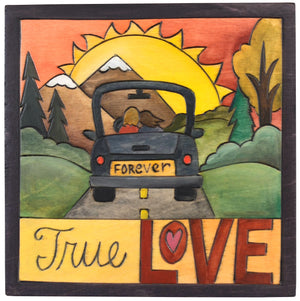 7"x7" Plaque –  "True love" plaque with a couple riding towards a mountainous sunset design