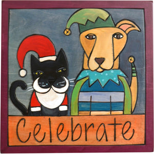 7"x7" Plaque –  "Celebrate" plaque with Christmas cat and dog motif