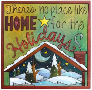 Sticks handmade wall plaque with "There's no place like home for the holidays" quote and snowy winter landscape