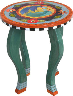Round End Table –  Lovely end table with richly painted hues and floral motifs