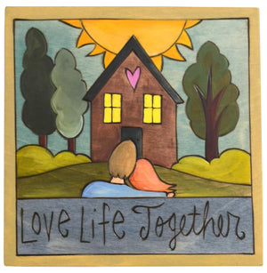 Sticks handmade wall plaque with "Love Life Together" quote and couple imagery