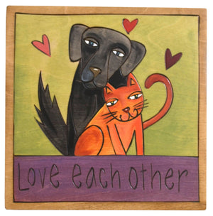 Sticks handmade wall plaque with "Love Eachother" quote and dog and cat together