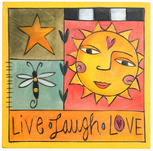 Sticks handmade wall plaque with "Live, Laugh, Love" quote and sunny motif