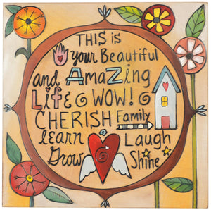 Sticks handmade wall plaque with "This is your beautiful and amazing life" quote and floral imagery