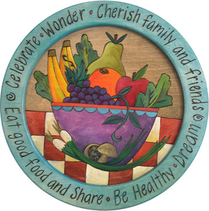 16" Round Tray –  Eat Good Food and Share round tray with fruit bowl motif