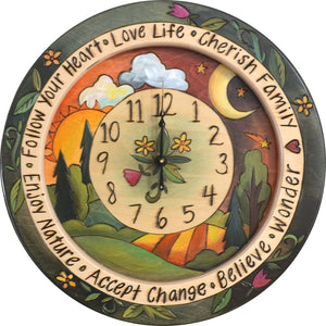 14" Round Wall Clock –  Contemporary landscape themed clock with sun and moon motif