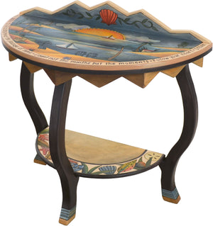 Small Half Round Table –  "Count not the Months but the Moments" half round table with sun setting over the water with a sailboat motif