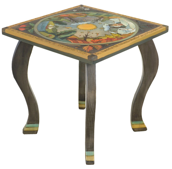 Large Square End Table – Elegantly painted four seasons landscape in the round and a sun shining brightly in its center main view