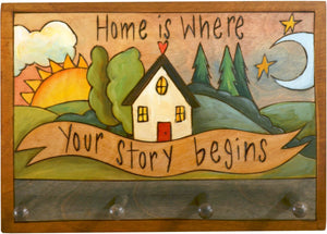 Horizontal Key Ring Plaque –  Beautiful landscape key ring plaque with sun and moon motif, "Home is Where Your Story Begins"