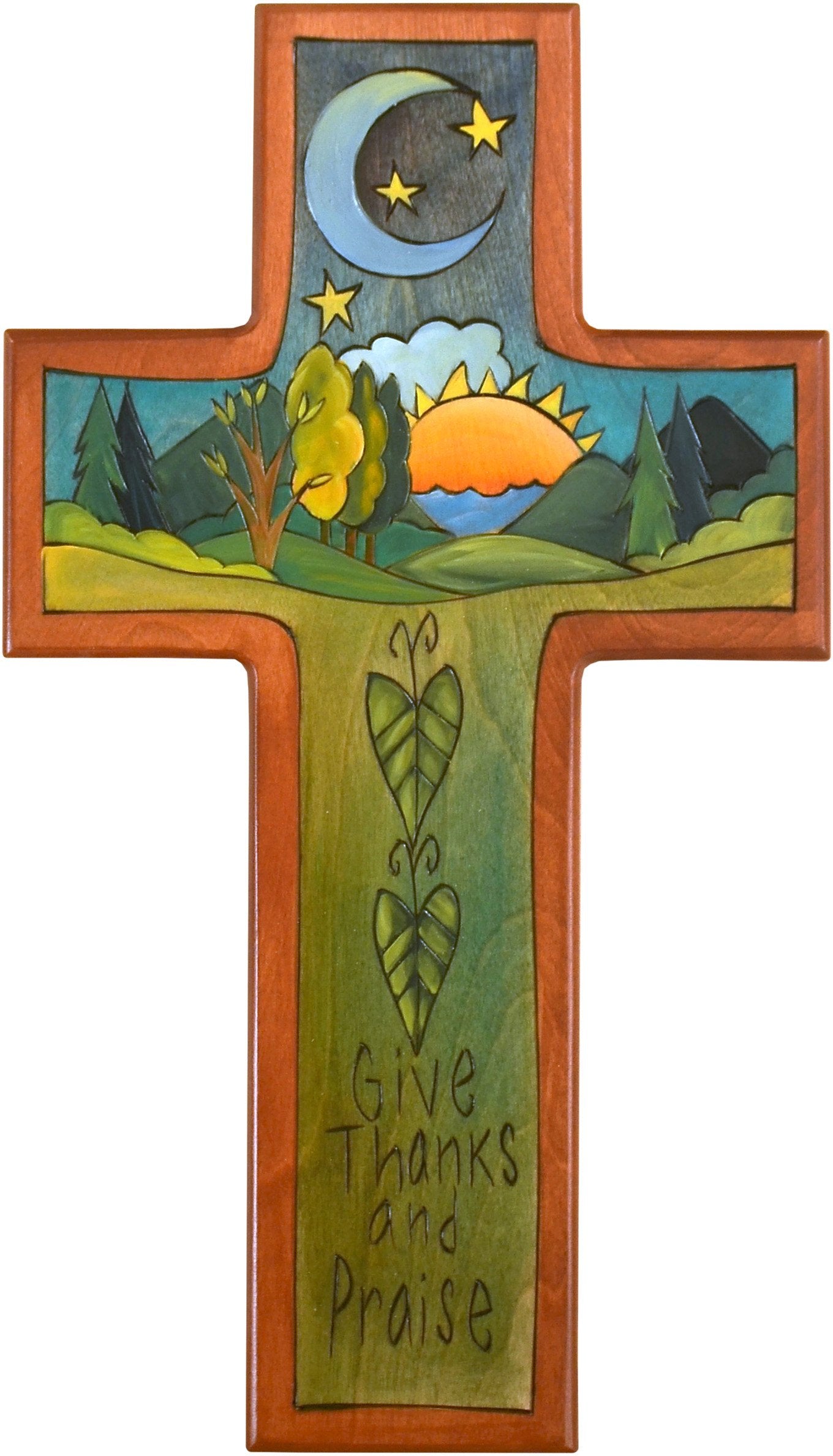 Cross Plaque –  Give Thanks and Praise cross plaque with sunset and moon motif