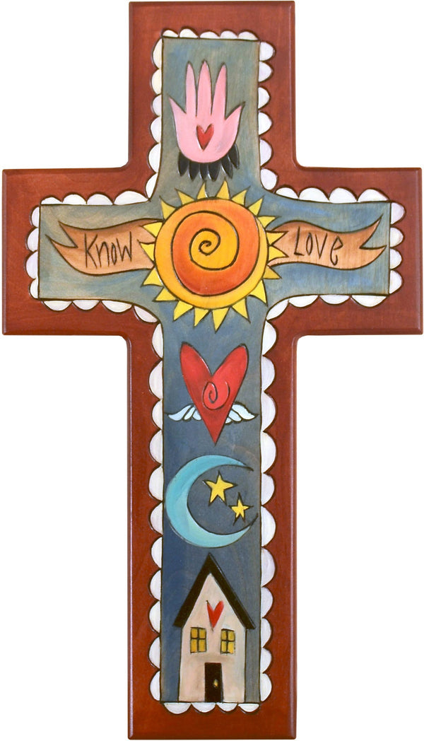 Cross Plaque –  Know Love cross plaque with home, moon and sun motif