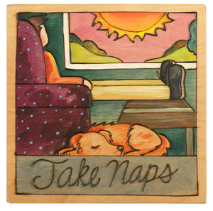 Sticks handmade wall plaque with "Take Naps" quote and sleeping dog