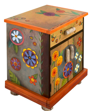 Nightstand Cabinet –  Bright and colorful contemporary folk art nightstand with floral motifs