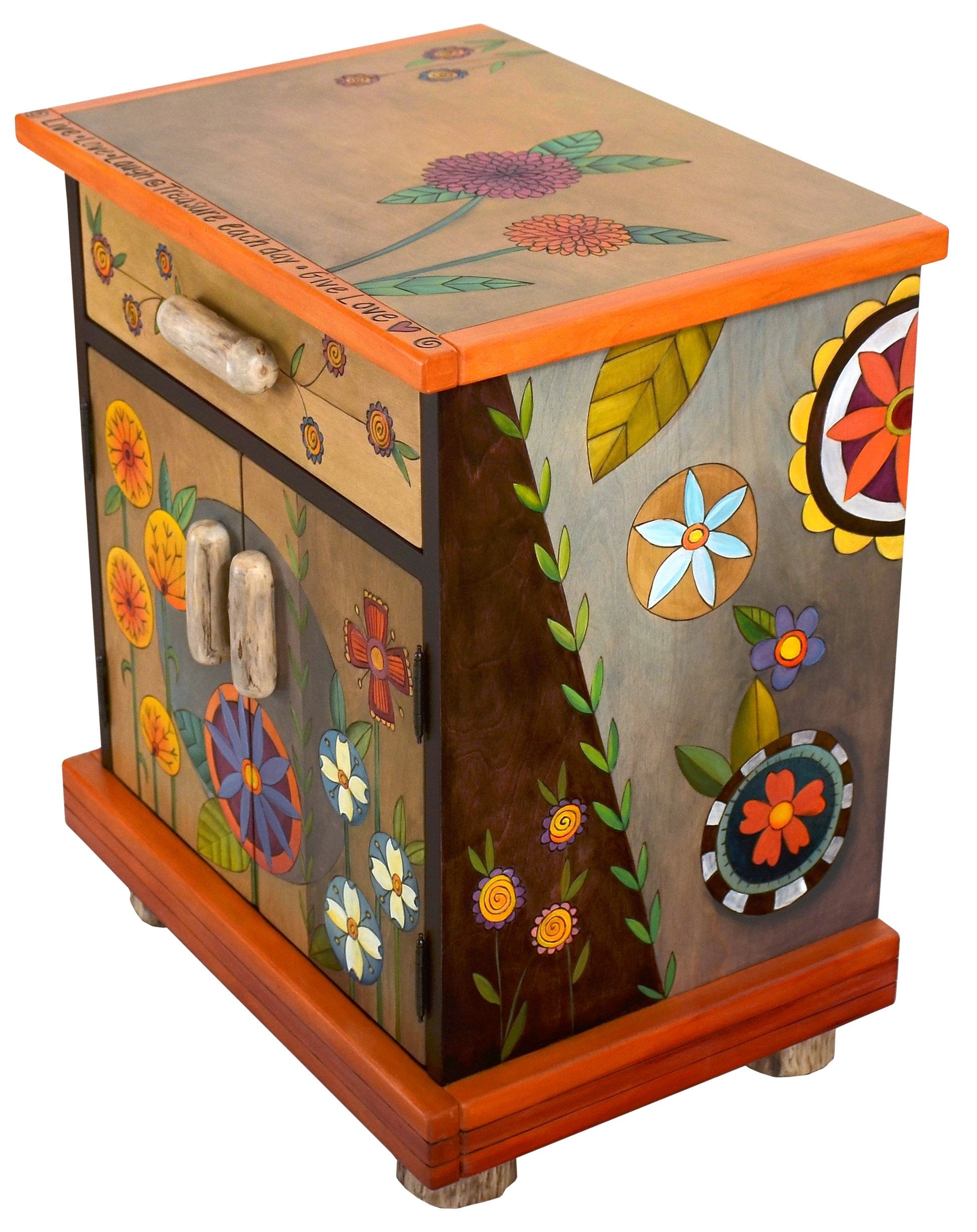 Nightstand Cabinet –  Bright and colorful contemporary folk art nightstand with floral motifs