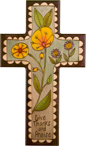 Cross Plaque –  Give Thanks and Praise cross plaque with floral motif