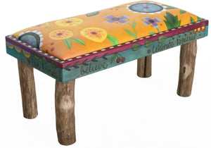 Sticks handmade 3' bench with leather floral design. Side view