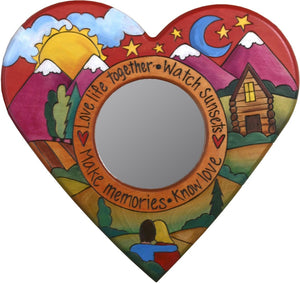 Heart Shaped Mirror –  "Love Life Together" heart-shaped mirror with couple watching the sunset on the mountains motif