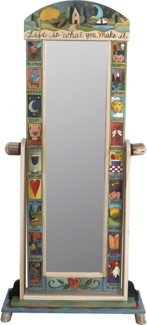 Wardrobe Mirror on Stand –  "Life is what you Make it" mirror on stand with sun and moon over cozy cottage in the rolling hills motif
