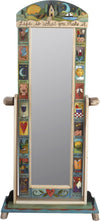 Wardrobe Mirror on Stand –  "Life is what you Make it" mirror on stand with sun and moon over cozy cottage in the rolling hills motif